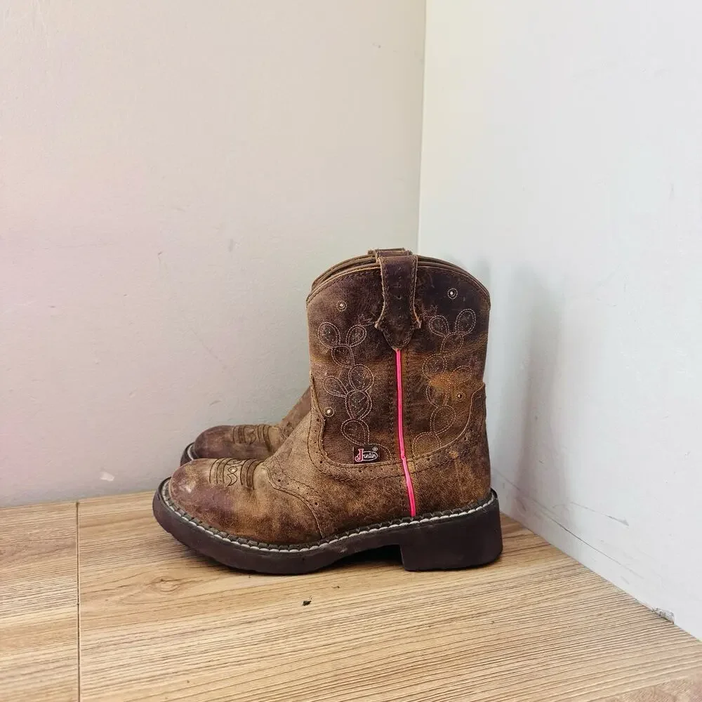 Justin Glitzi Light Up Round Toe Brown Leather Western Boots Girls Size 1
